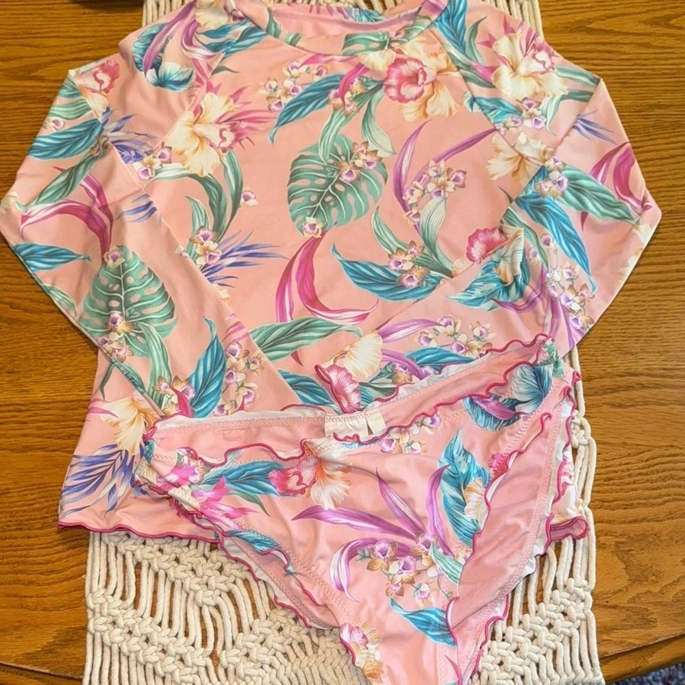 Hobie Surf‎ Floral Long Sleeve 2 piece Swimsuit Set girls size 14